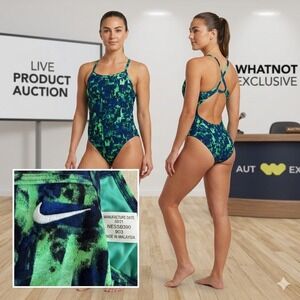 Nike Swim Womens Green Navy Abstract One Piece Swimsuit NESSB390 Size M